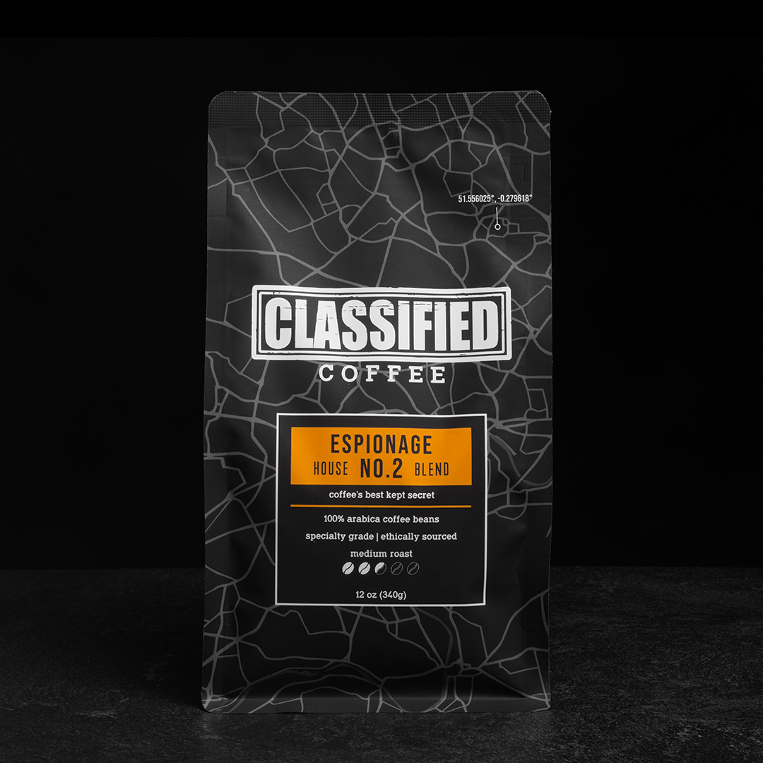 front of bag espionage black background classified coffee bag