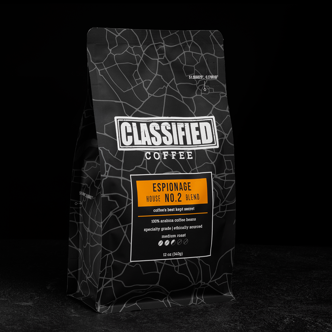 Classified Coffee Co. Black and Orange Espionage Blend bag