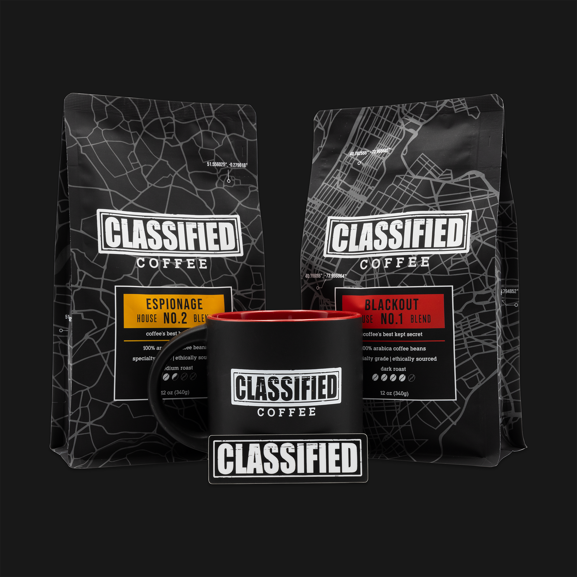 bundle by classified coffee two coffee bags mug sticker red blackout blend espionae blend house coffee