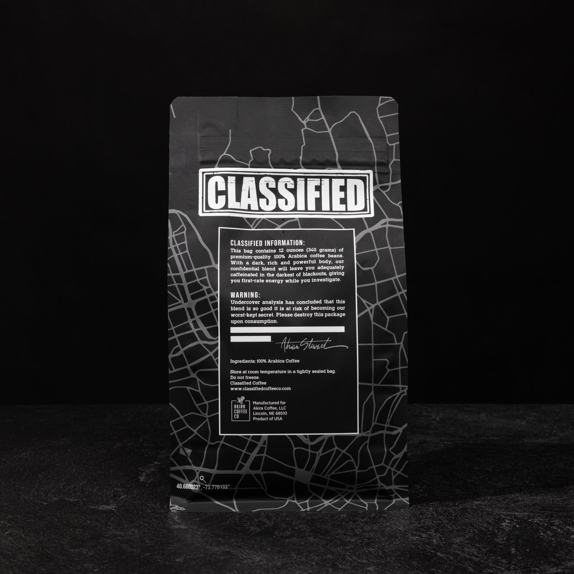 Classified Coffee Co. Blackout Blend Dark Roast Bag Back Nutritional Information