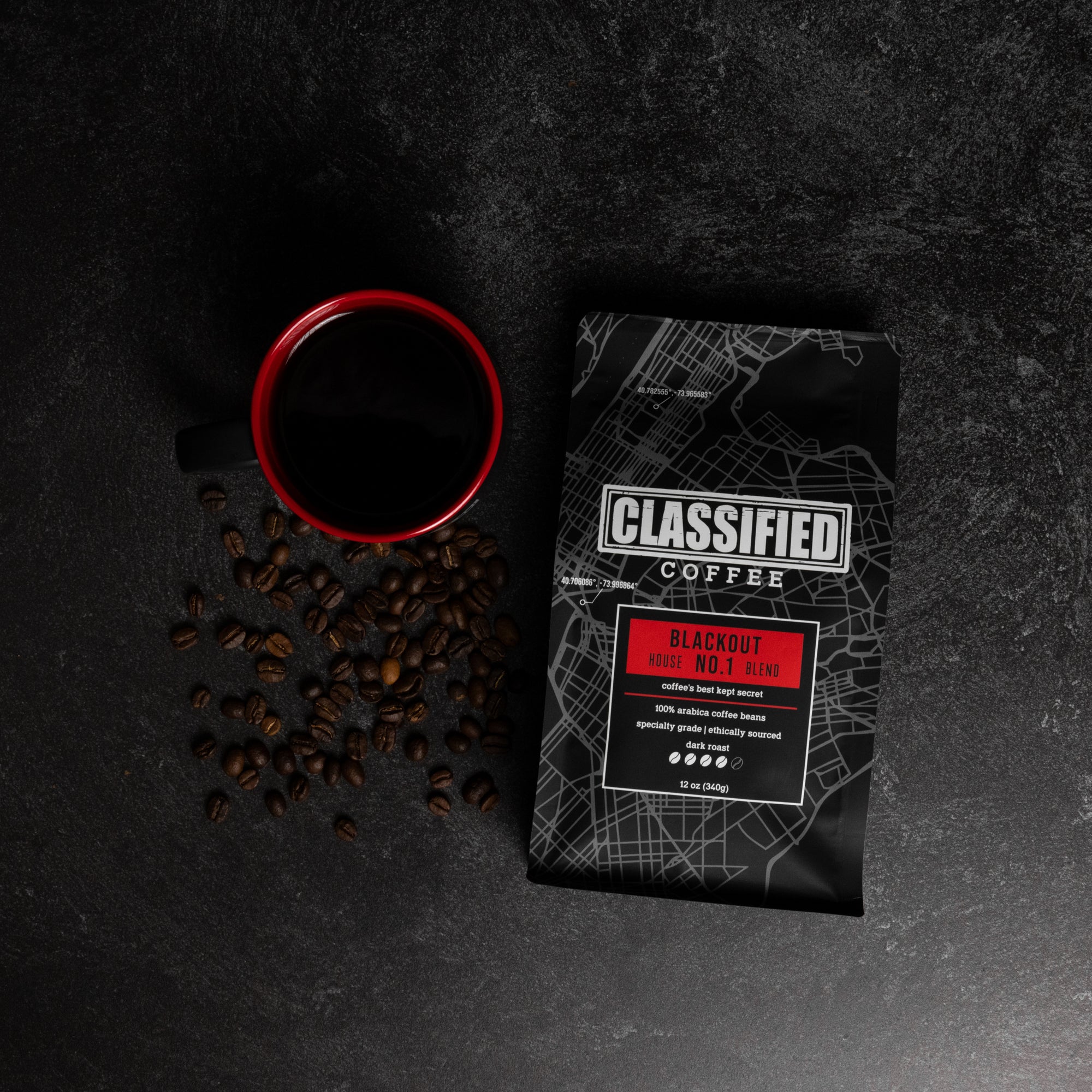 Classified Coffee Mug with coffee bag and beans